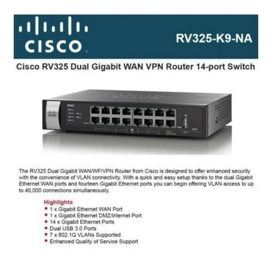 Router Cisco Rv325 K9 Dual Wan Vpn 14 P Gigabit Firewall Usb